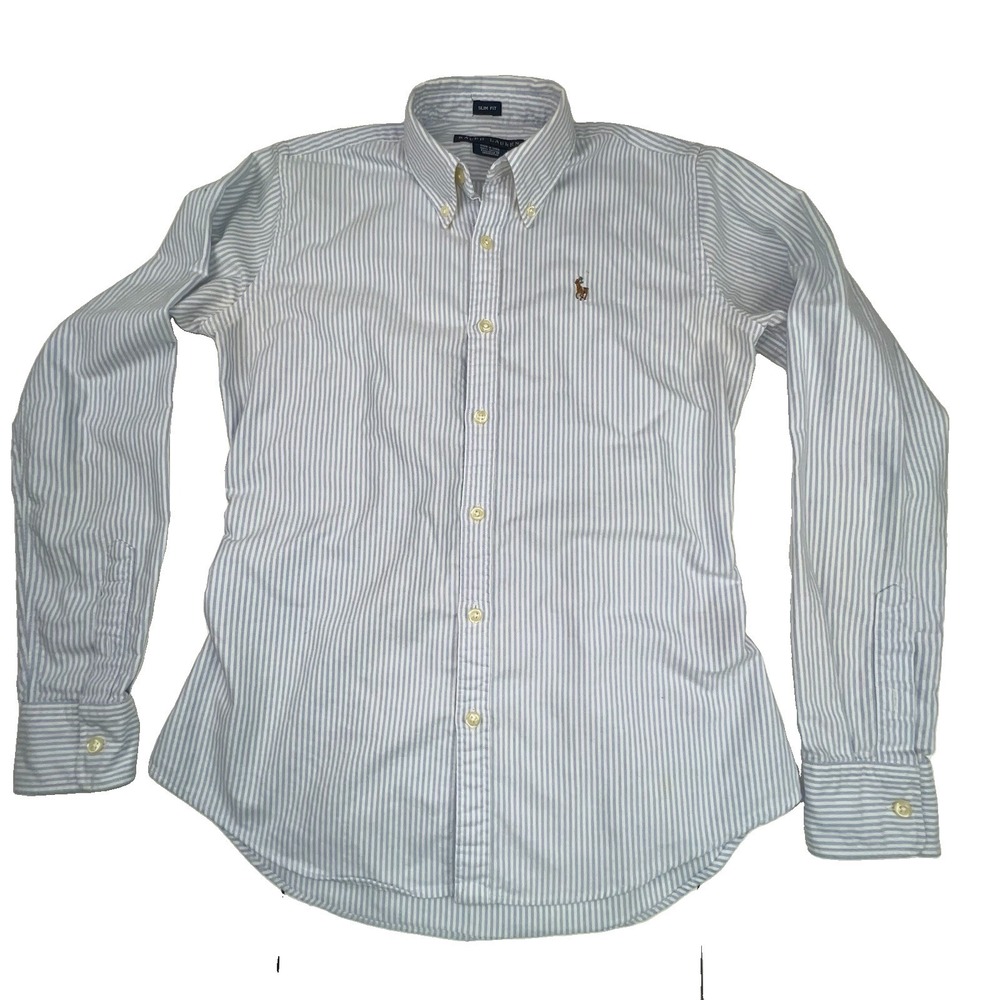 Ralph Lauren Slim Fit Blue White Striped 100% Cotton Oxford Shirt Women's 4